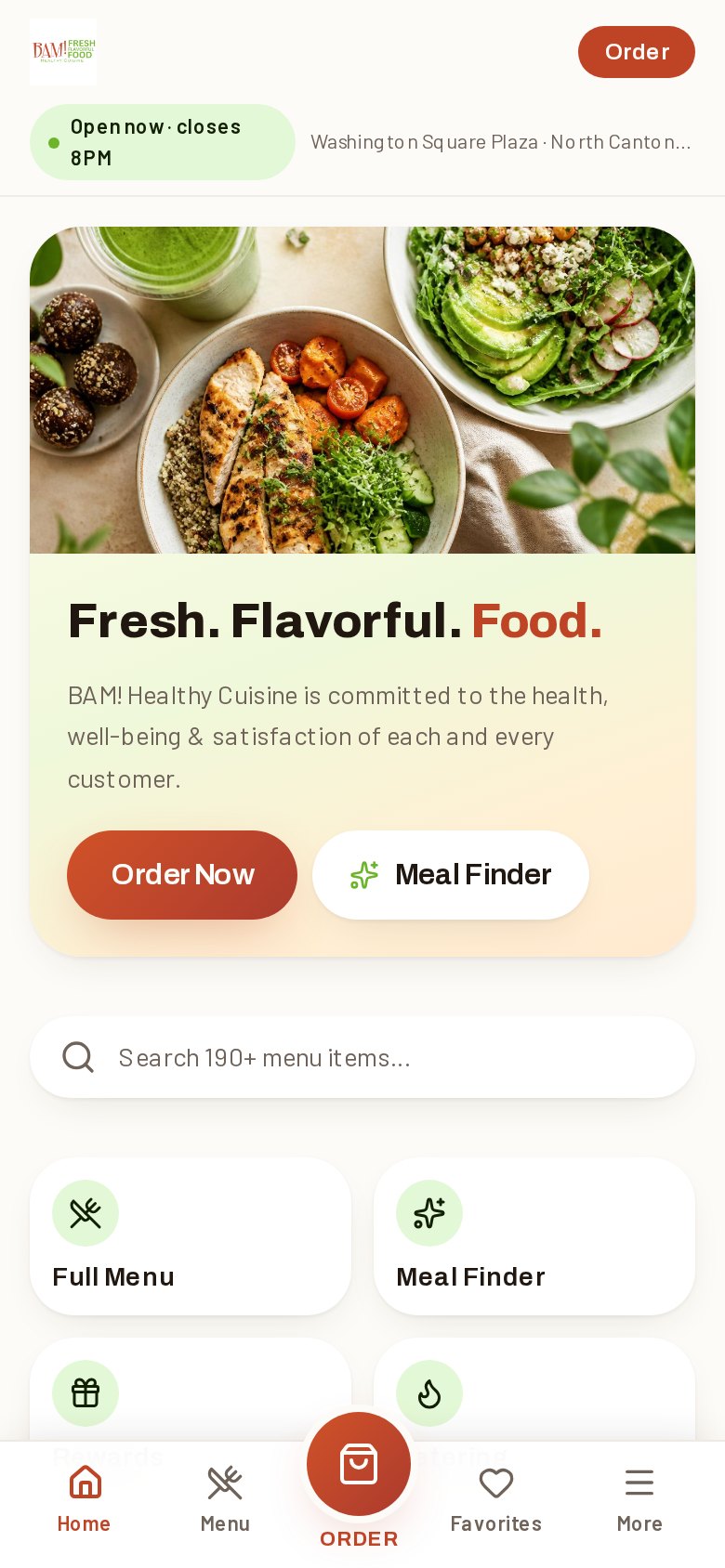 Restaurant app home screen on a phone, showing the menu and an Order button
