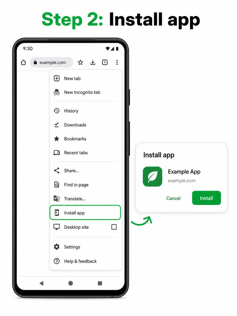 Android Chrome menu with Install app highlighted and the install confirmation box