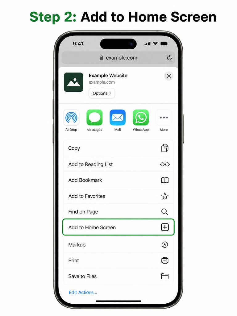 iPhone Safari share sheet with the Add to Home Screen option highlighted